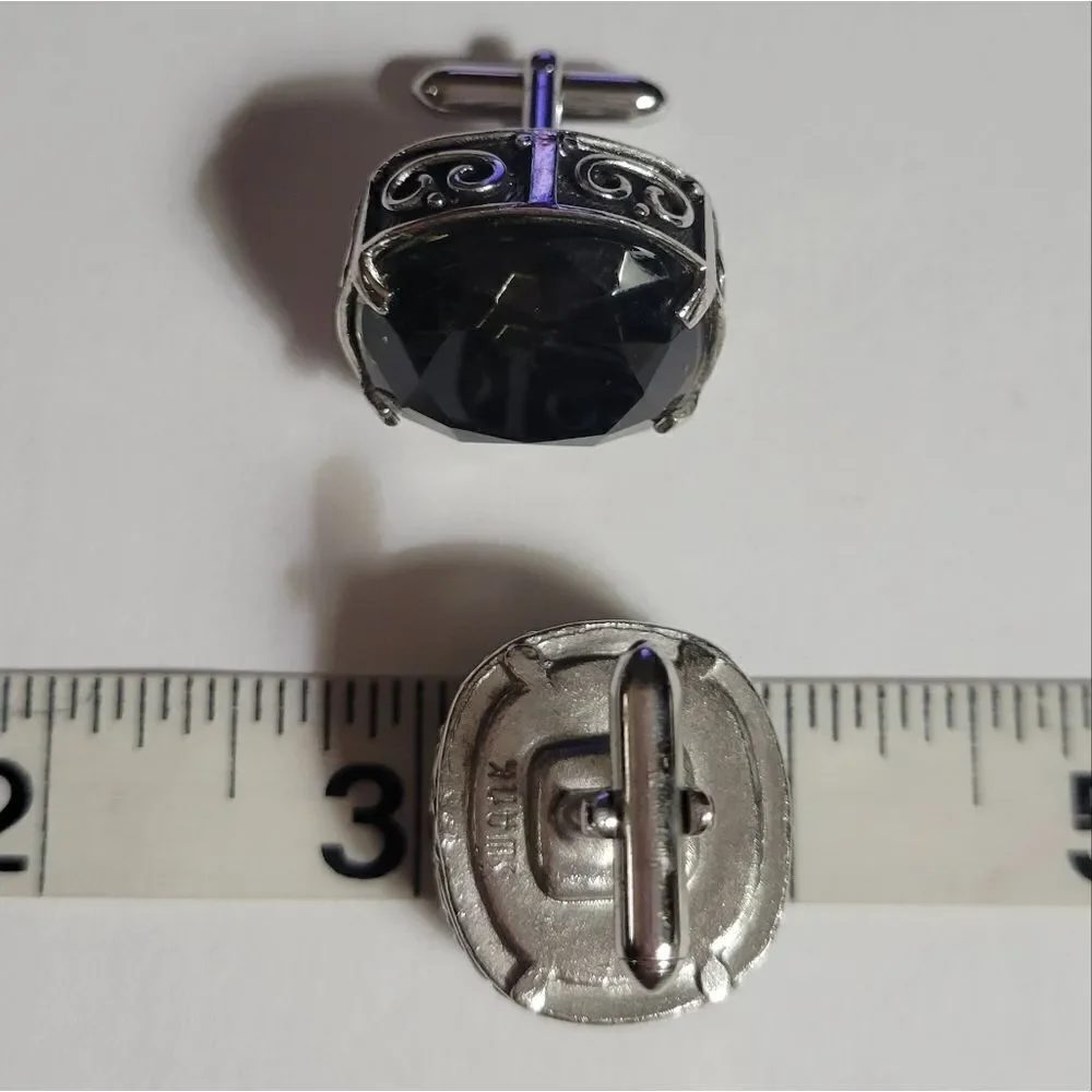 Swank Men's Silvertone Round Green Stone Cufflinks